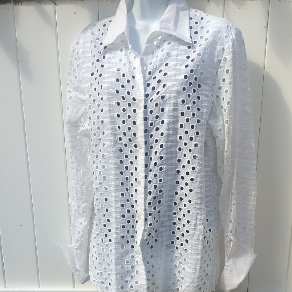 '90s Vintage White Button Down French Cuff Shirt Eyelet Women's Top Large